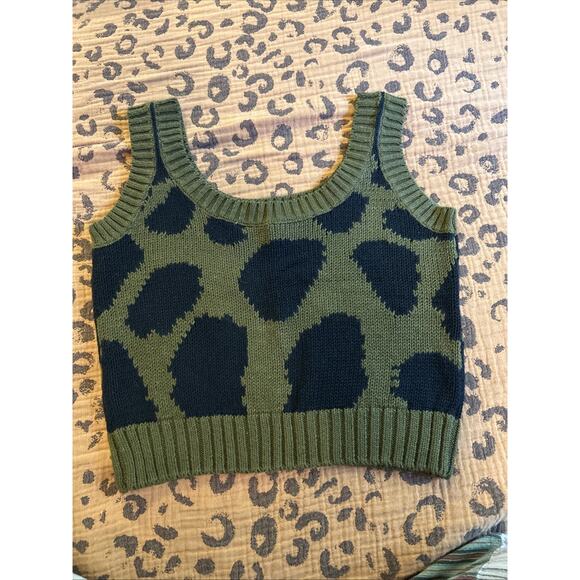 Vintage Crop Top Sweater Leopard Green Black Small S Oversized Cotton Ramie - Picture 2 of 3